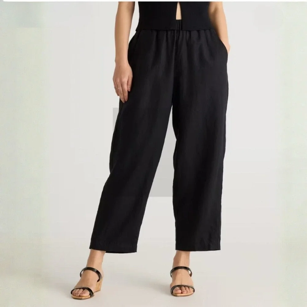 Quince 100% European Linen Pants Black Womens XL Wide Leg Elastic Waist